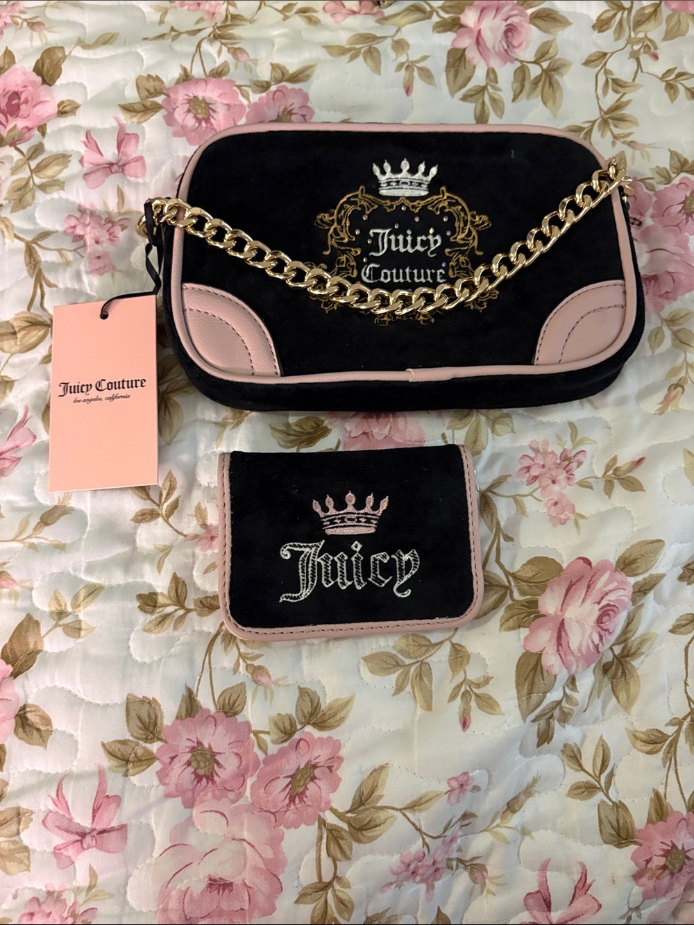 Juicy Couture Black and Light Pink Suede Camera bag with Gold Chain